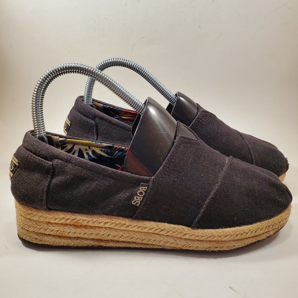 Womens BOBS Sz 7.5 by Skechers Shoes Memory Foam Espadrille Wedge Black